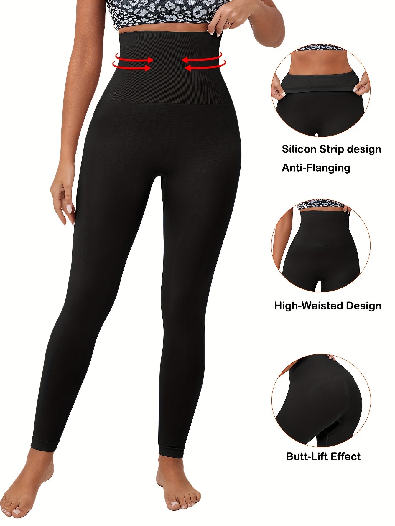 1pc Pantalon de yoga avec contrôle du ventre, ceinture en silicone sans couture, tissu tricoté uni 92% élasthanne 8% anti-friction, jegging galbant Butt-Lift